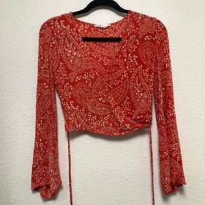 Red /orange paisley print wrap crop top